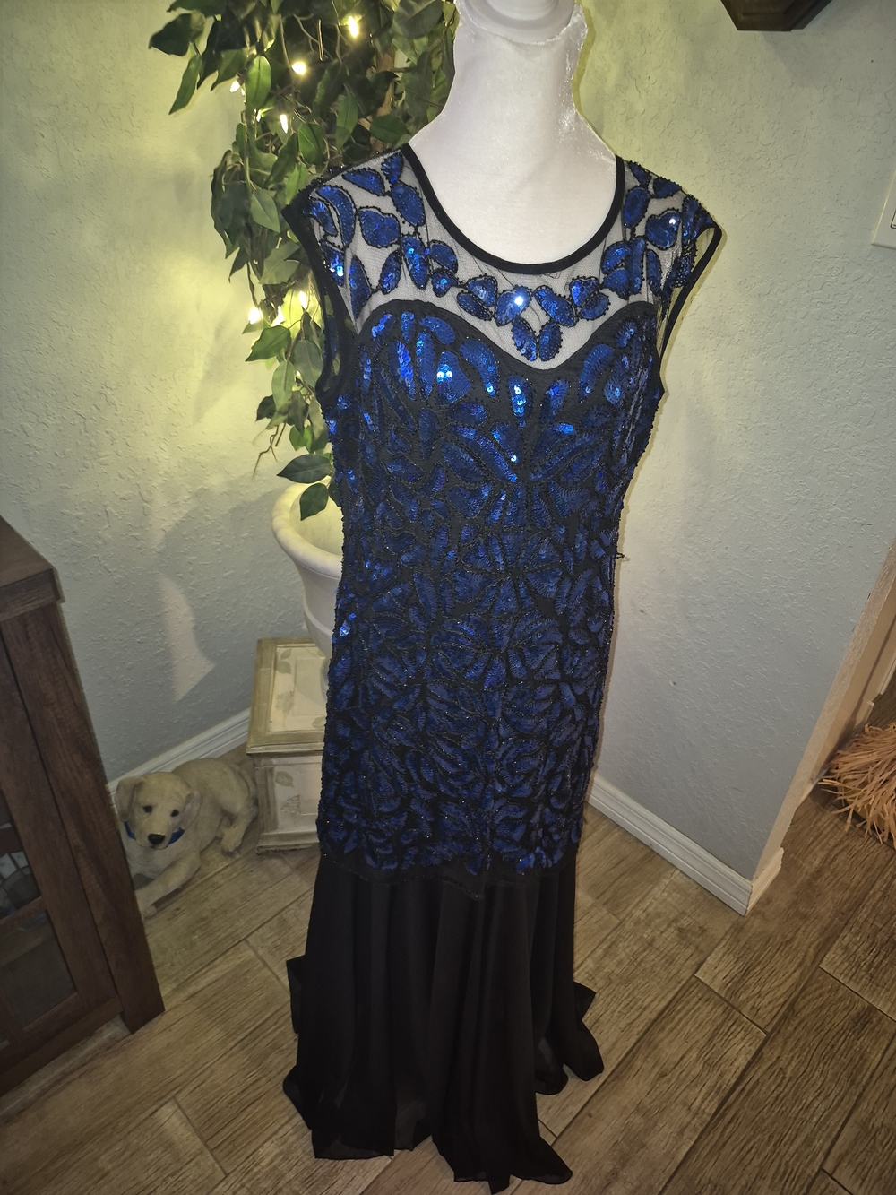 Blue Sequin & Black Maxi Dress with Sheer Yoke